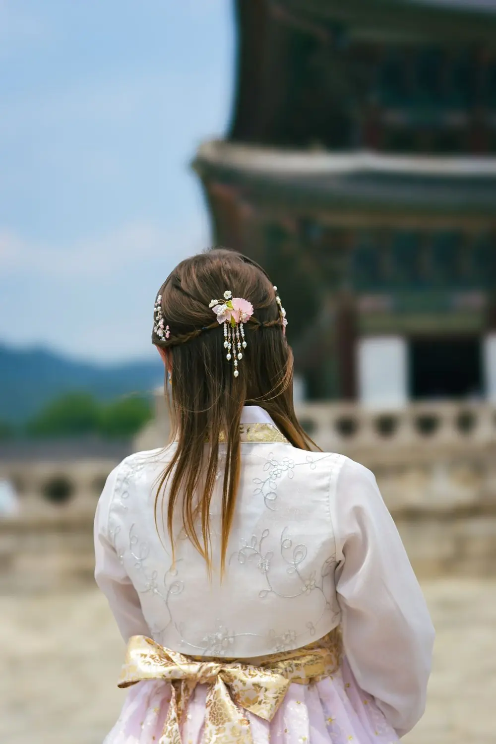 かんざしを挿した韓服姿の女性が宮殿を眺める後ろ姿
